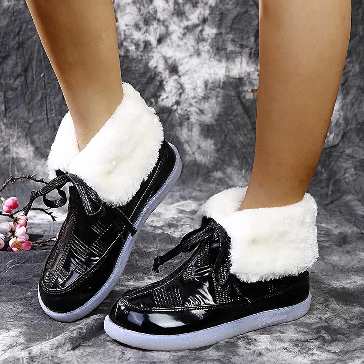 oiangi Flat Snow Boots for Women Fashion Round Toe Cutout Lace up Platform Mid Calf Boots Winter Plush Keeps Warm Comfortable Casual Shoes
