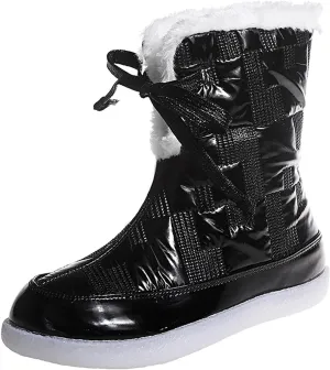 oiangi Flat Snow Boots for Women Fashion Round Toe Cutout Lace up Platform Mid Calf Boots Winter Plush Keeps Warm Comfortable Casual Shoes