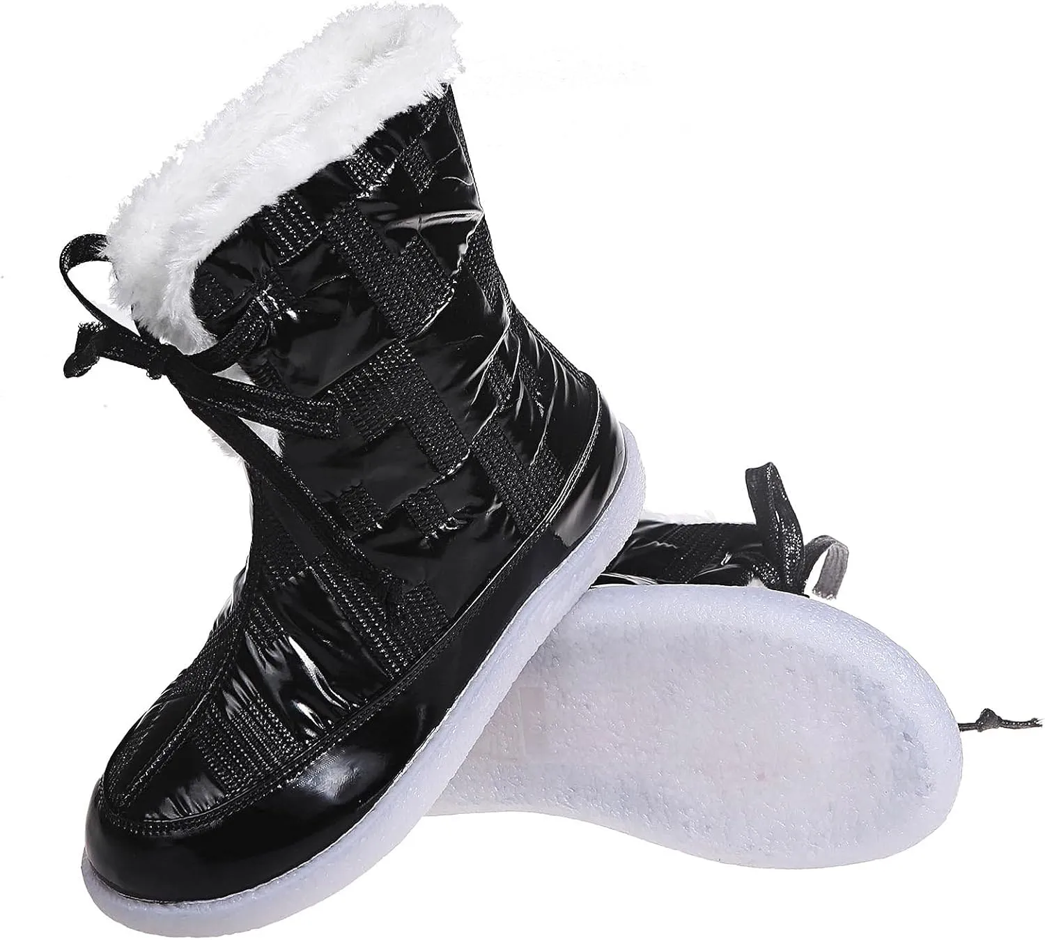 oiangi Flat Snow Boots for Women Fashion Round Toe Cutout Lace up Platform Mid Calf Boots Winter Plush Keeps Warm Comfortable Casual Shoes