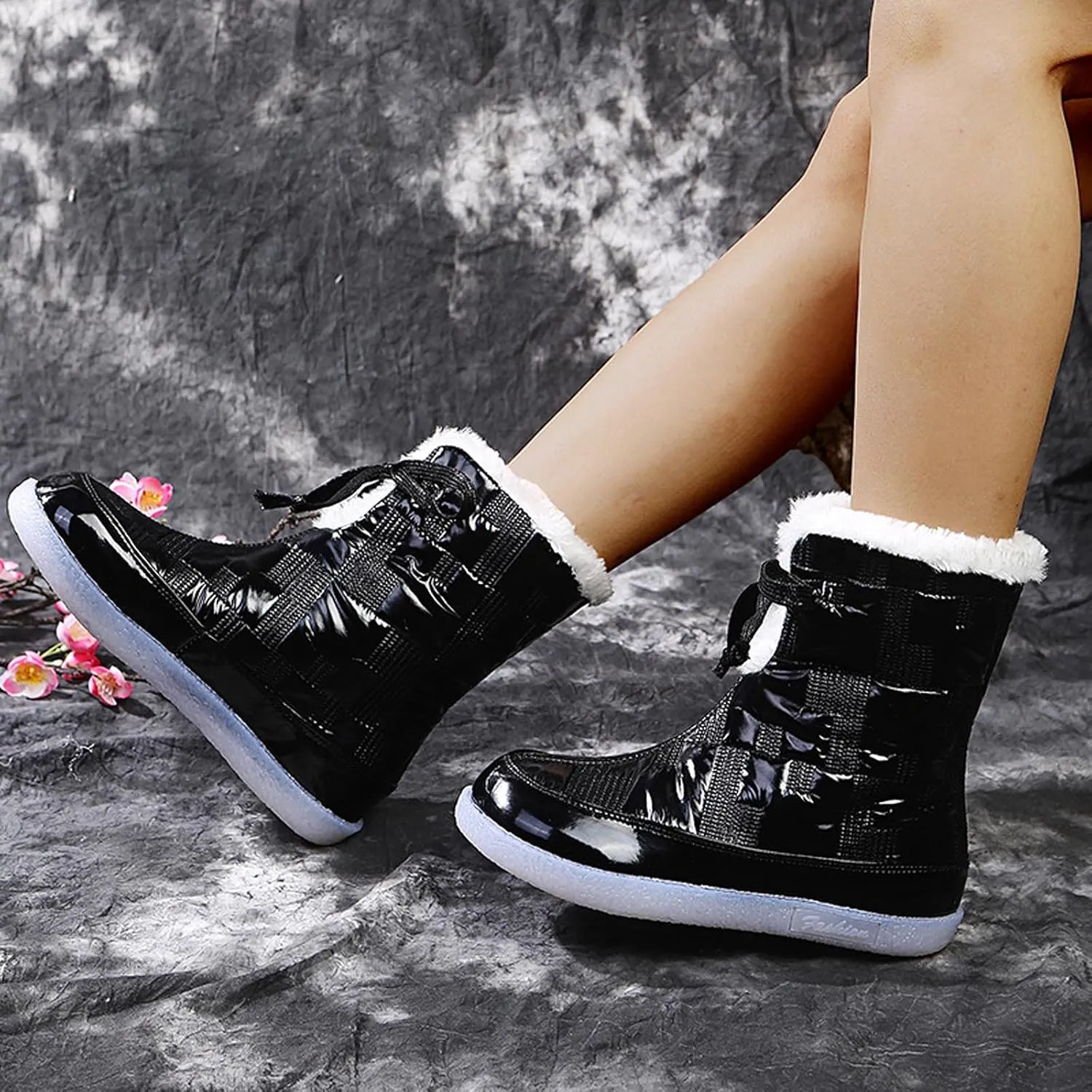 oiangi Flat Snow Boots for Women Fashion Round Toe Cutout Lace up Platform Mid Calf Boots Winter Plush Keeps Warm Comfortable Casual Shoes