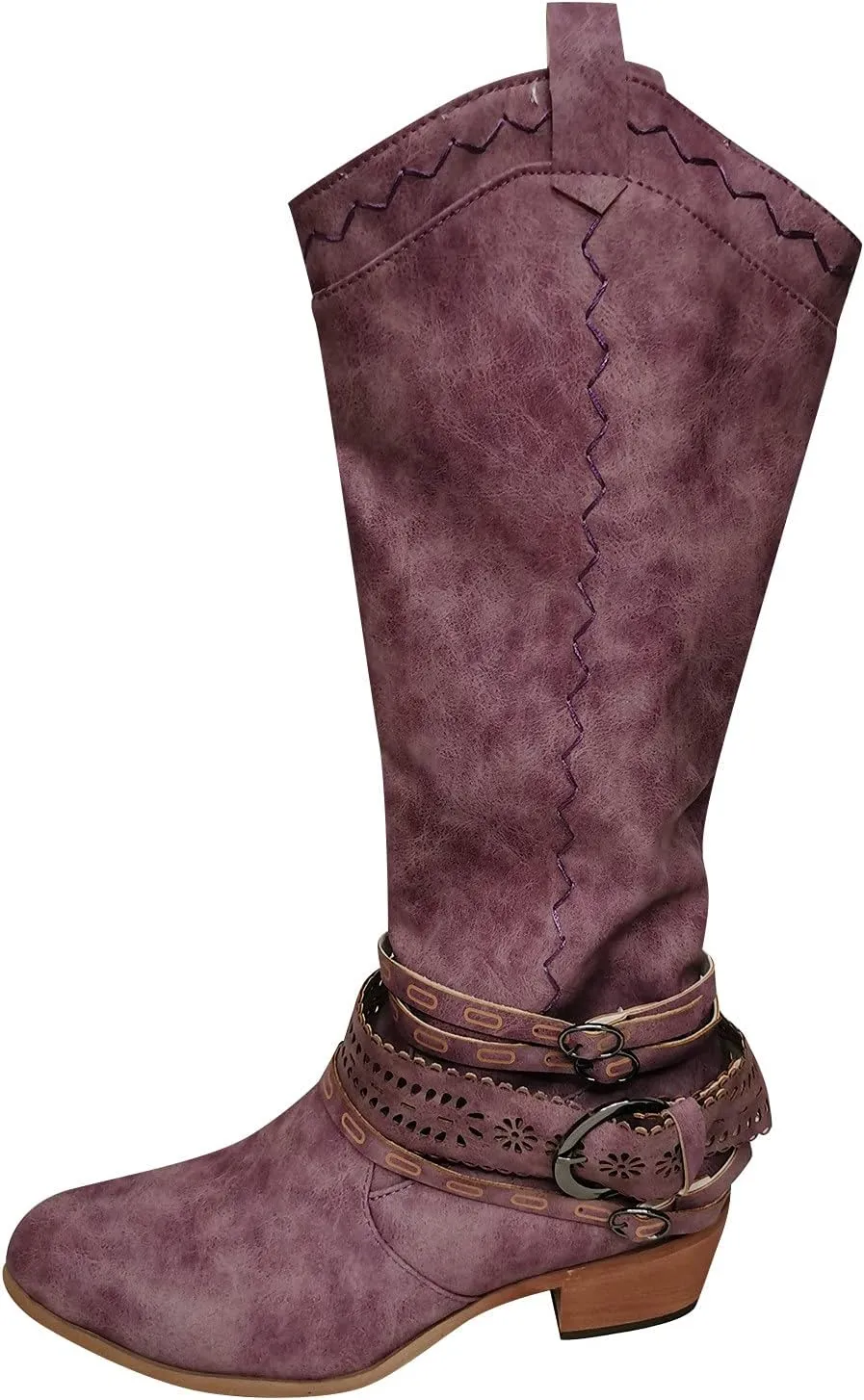 oiangi Women Chunky Cowboy Riding Boots Solid Casual Strap Buckle Warm Thick Heel Mid Calf Boots Winter Comfortable Ladies Outdoor Square Heel Shoes