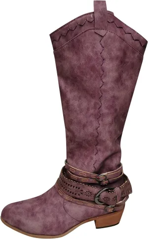 oiangi Women Chunky Cowboy Riding Boots Solid Casual Strap Buckle Warm Thick Heel Mid Calf Boots Winter Comfortable Ladies Outdoor Square Heel Shoes