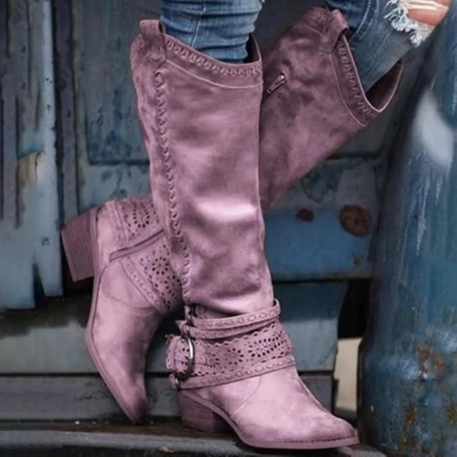 oiangi Women Chunky Cowboy Riding Boots Solid Casual Strap Buckle Warm Thick Heel Mid Calf Boots Winter Comfortable Ladies Outdoor Square Heel Shoes