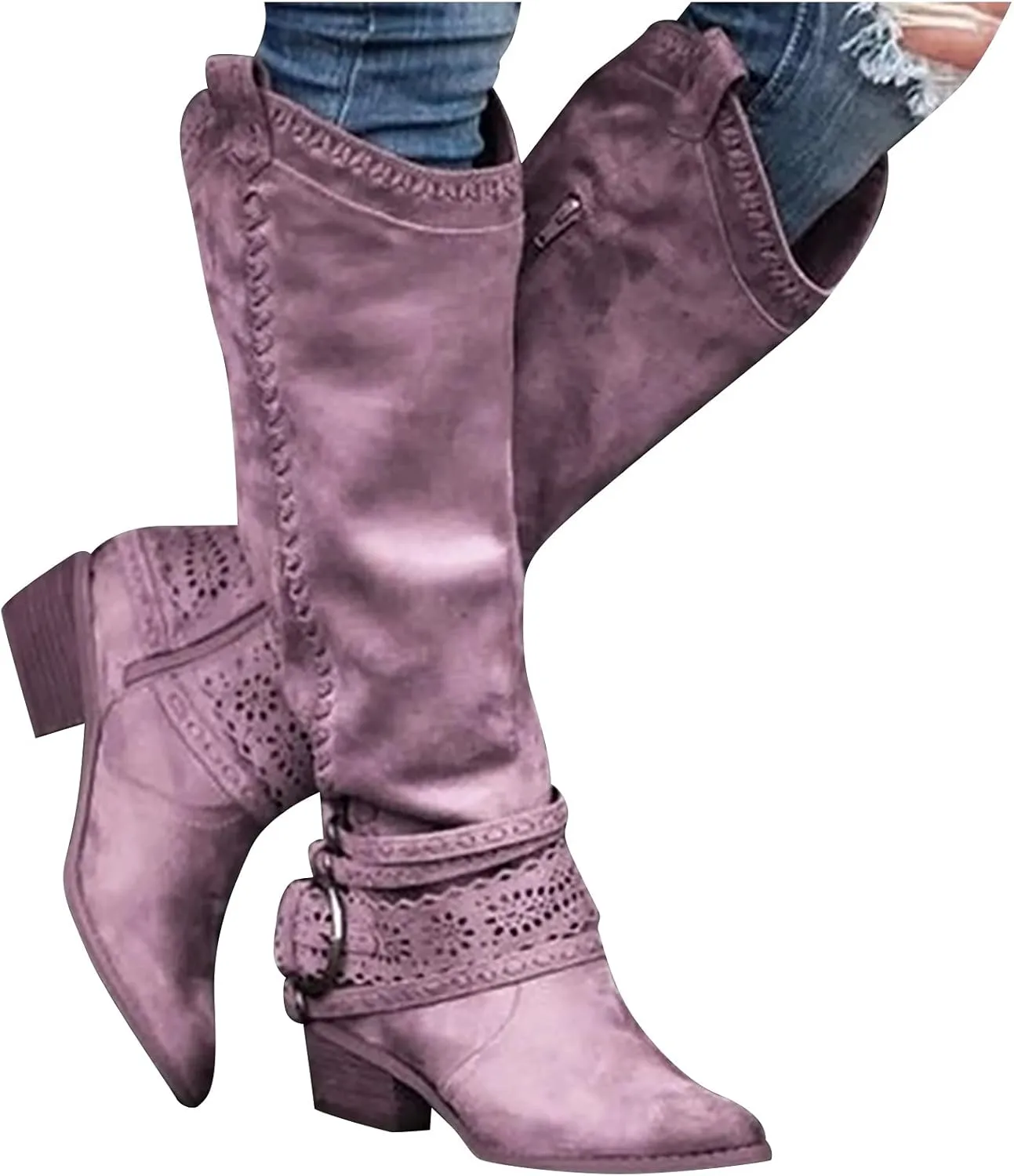 oiangi Women Chunky Cowboy Riding Boots Solid Casual Strap Buckle Warm Thick Heel Mid Calf Boots Winter Comfortable Ladies Outdoor Square Heel Shoes