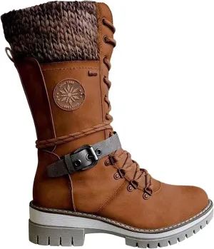 oiangi Women's Cowboy Mid Calf Boots Fashion Round Toe Cross Strap Buckle Lace Up Chunky Heel Riding Boots Comfy Warm Knee Low Heels Western Boots Shoes