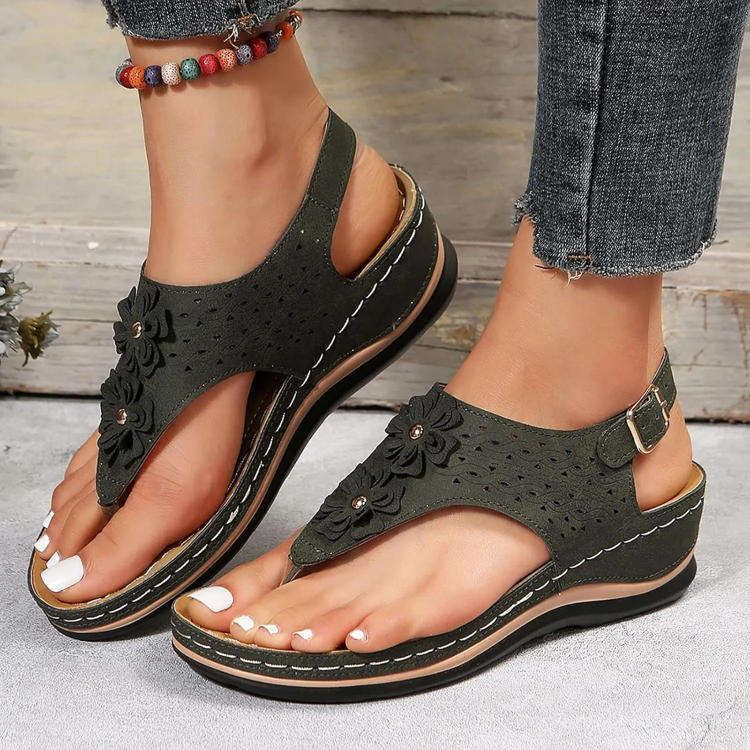 Orthopedic Sandals for Women Arch Support Orthotic Adjustable Straps Lightweight Cushion Walking Sandals Non Slip Sole Dressy Beach Footwear Summer Flip Flops for Women