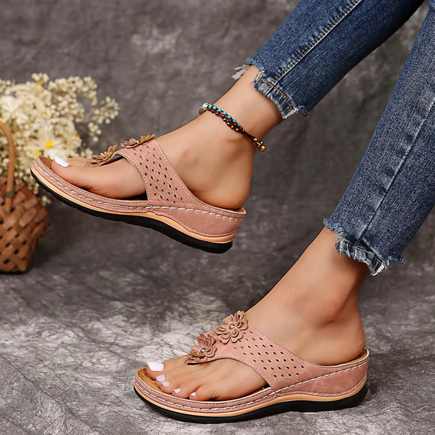 Orthotic Slippers for Women Wide Feet Orthopedic Yoga Sandals Women Womens Comfort Walking Sandals Orthotic Plantar Fasciitis Slippers Women High Arch Heel Support Indoor Wedge Sandals for Women