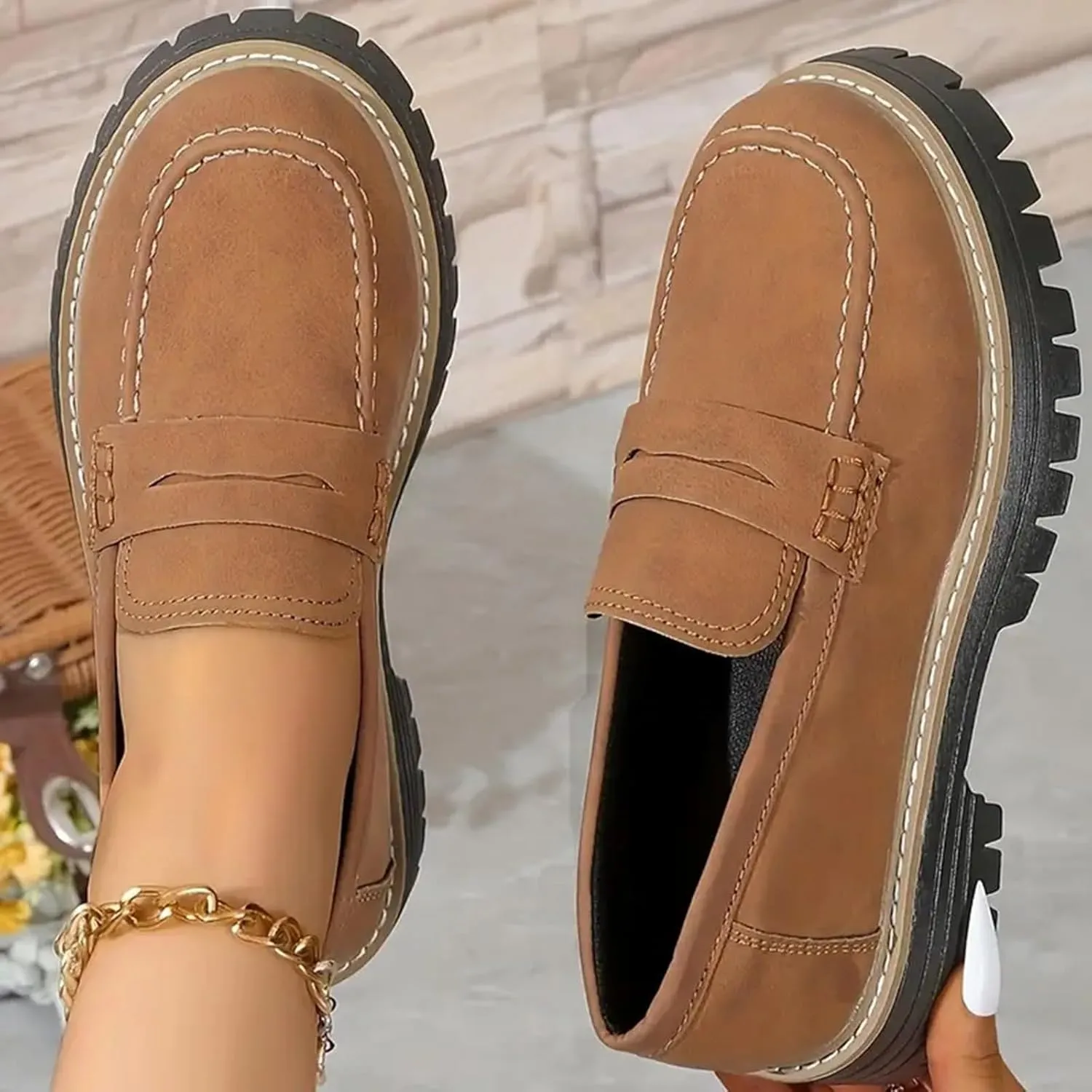 Orthoture-Orthopedic Platform Loafers Platform Loafers for Women Chunky Heel Slip-on Round Toe Comfort Chunky Loafer Shoes