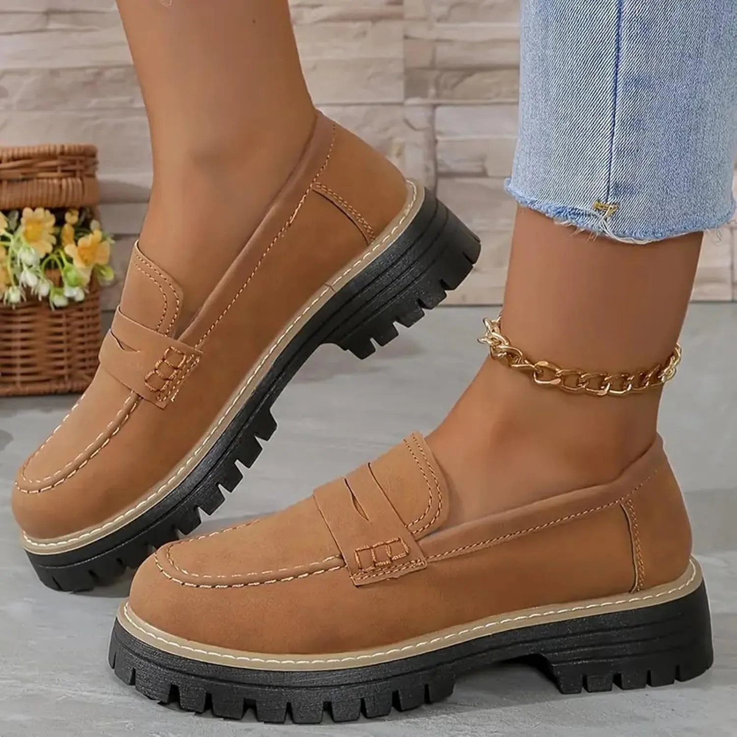 Orthoture-Orthopedic Platform Loafers Platform Loafers for Women Chunky Heel Slip-on Round Toe Comfort Chunky Loafer Shoes