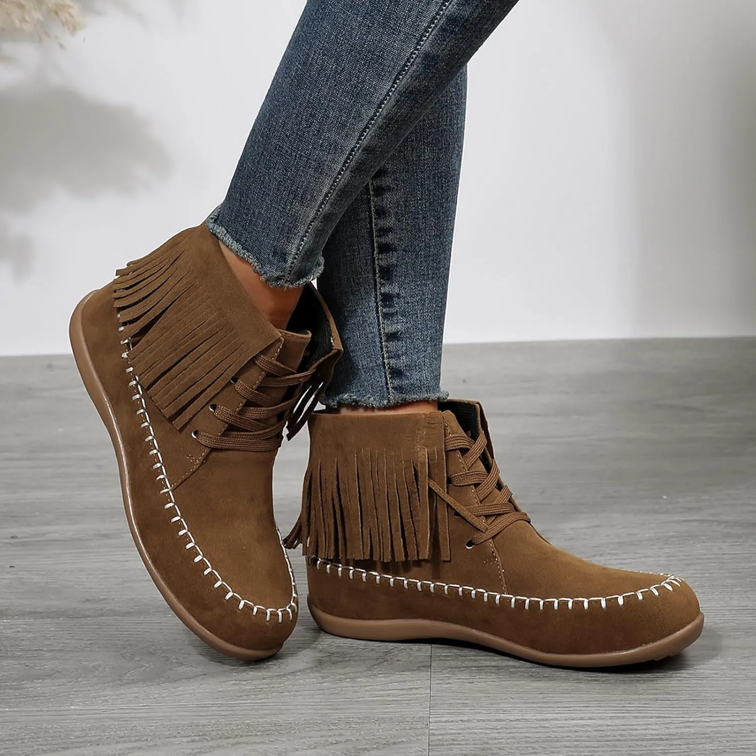 Platform Boots Women's Suede Ankle Boots Lace-Up Strappy Flat Booties Casual Short Pull On Fall Winter Bootie