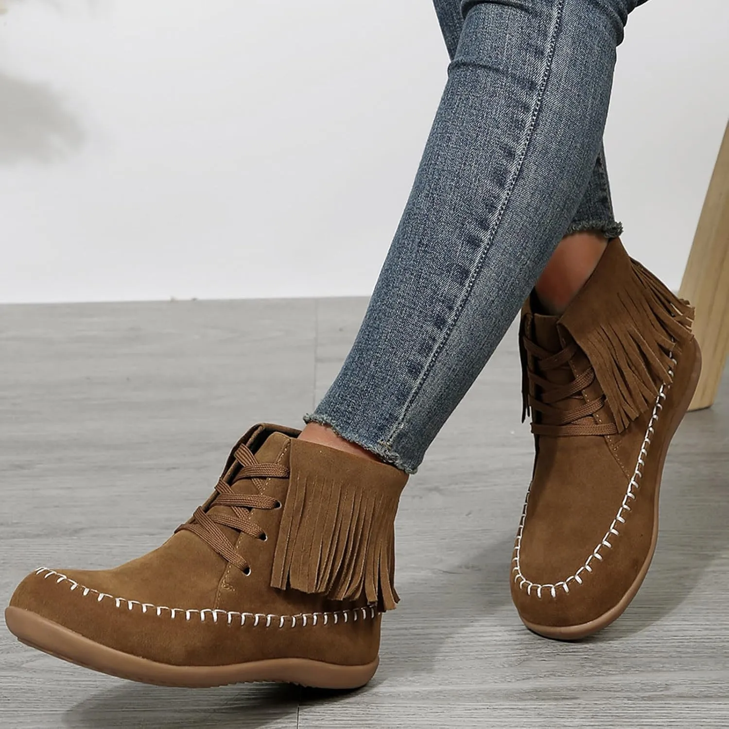 Platform Boots Women's Suede Ankle Boots Lace-Up Strappy Flat Booties Casual Short Pull On Fall Winter Bootie