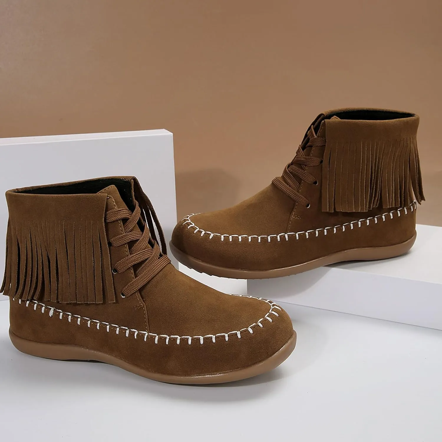Platform Boots Women's Suede Ankle Boots Lace-Up Strappy Flat Booties Casual Short Pull On Fall Winter Bootie