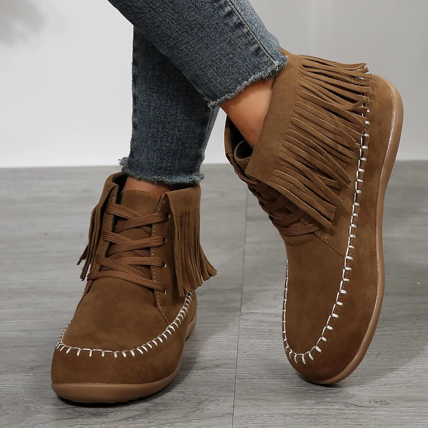 Platform Boots Women's Suede Ankle Boots Lace-Up Strappy Flat Booties Casual Short Pull On Fall Winter Bootie