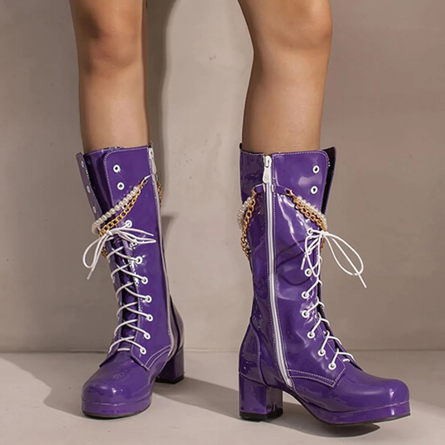 Platform Boots Women's Y2K Mid Calf Combat Boots Platform Lace-Up Thick Sole Zipper Casual Long Outdoor Bootie