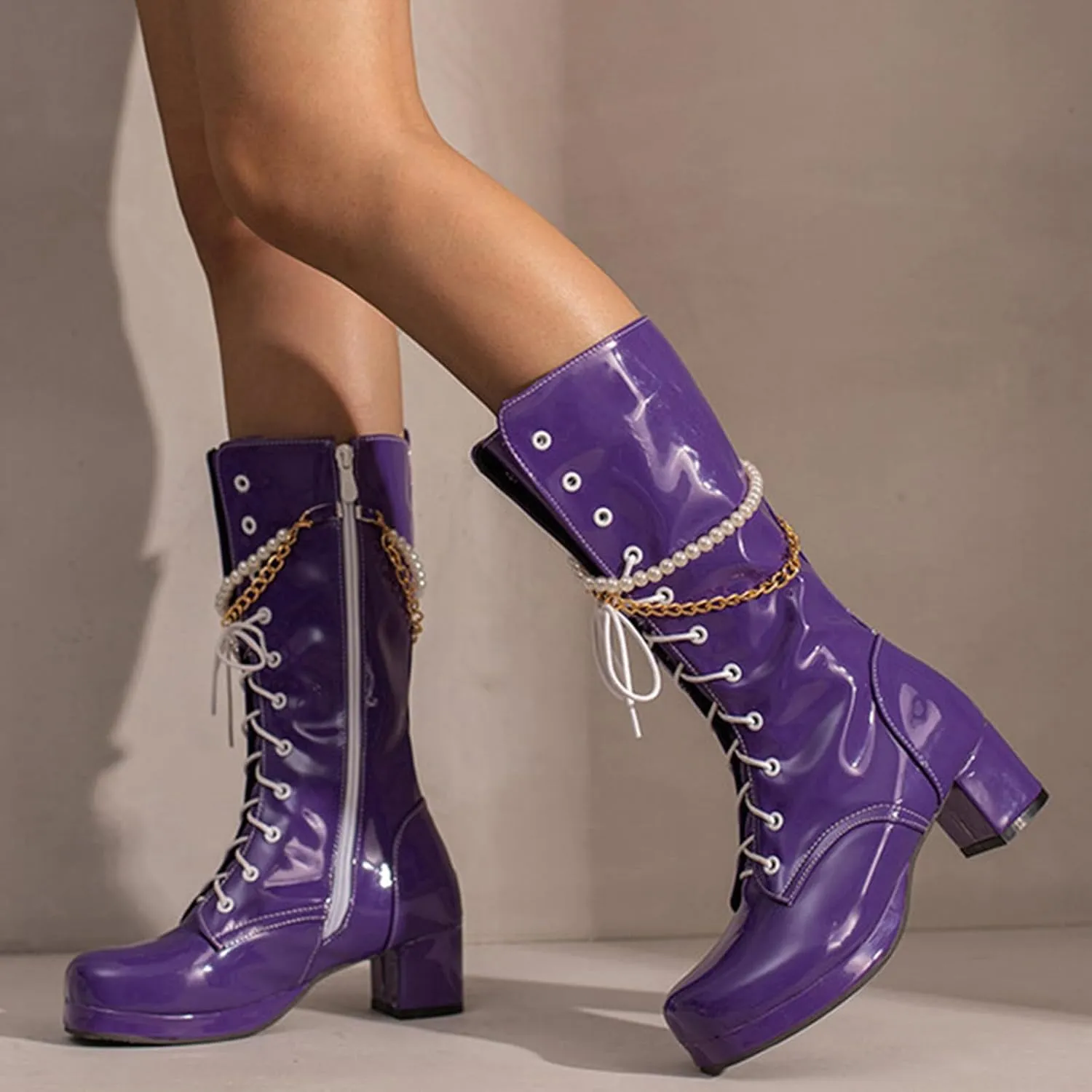 Platform Boots Women's Y2K Mid Calf Combat Boots Platform Lace-Up Thick Sole Zipper Casual Long Outdoor Bootie