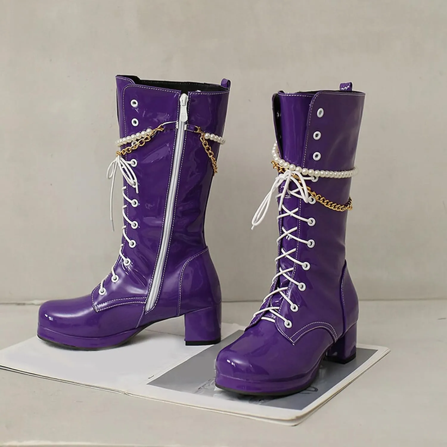 Platform Boots Women's Y2K Mid Calf Combat Boots Platform Lace-Up Thick Sole Zipper Casual Long Outdoor Bootie