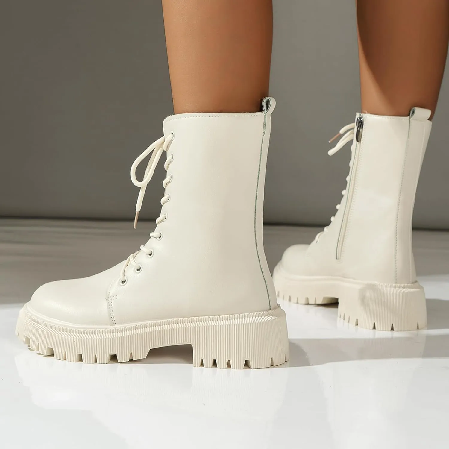Platform Combat Boots For Women Fashion Casual Leather Booties Round Toe Thick Bottom Chunky Block Heels Ankle Booties Mid Calf Riding Short Boots Lace-up Booties with Inside Zipper