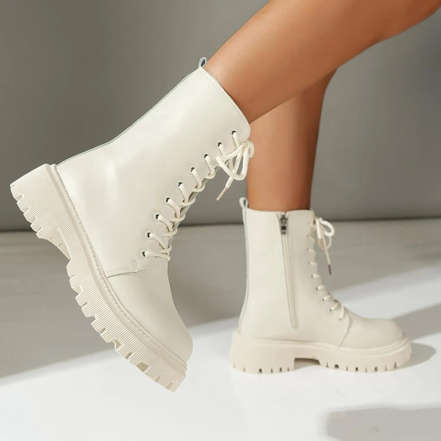 Platform Combat Boots For Women Fashion Casual Leather Booties Round Toe Thick Bottom Chunky Block Heels Ankle Booties Mid Calf Riding Short Boots Lace-up Booties with Inside Zipper