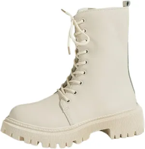Platform Combat Boots For Women Fashion Casual Leather Booties Round Toe Thick Bottom Chunky Block Heels Ankle Booties Mid Calf Riding Short Boots Lace-up Booties with Inside Zipper