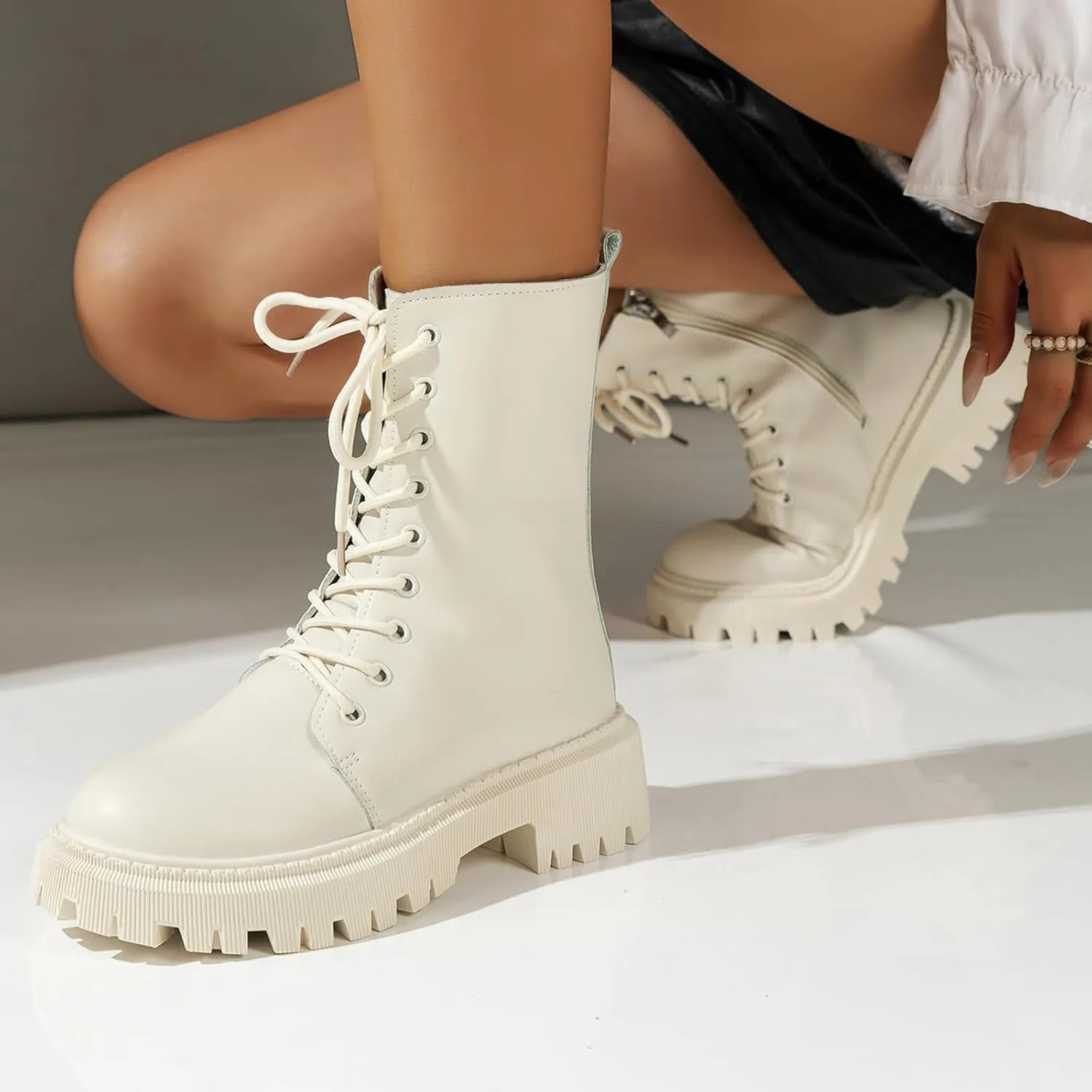 Platform Combat Boots For Women Fashion Casual Leather Booties Round Toe Thick Bottom Chunky Block Heels Ankle Booties Mid Calf Riding Short Boots Lace-up Booties with Inside Zipper