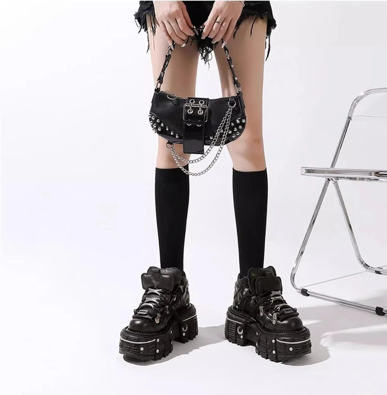 PU Leather Y2K Grunge Punk Platform Height Increase Derby Shoes for Men Casual Streetwear Mixed Color Thick Sole Sneakers with Skull Metal Accent Design