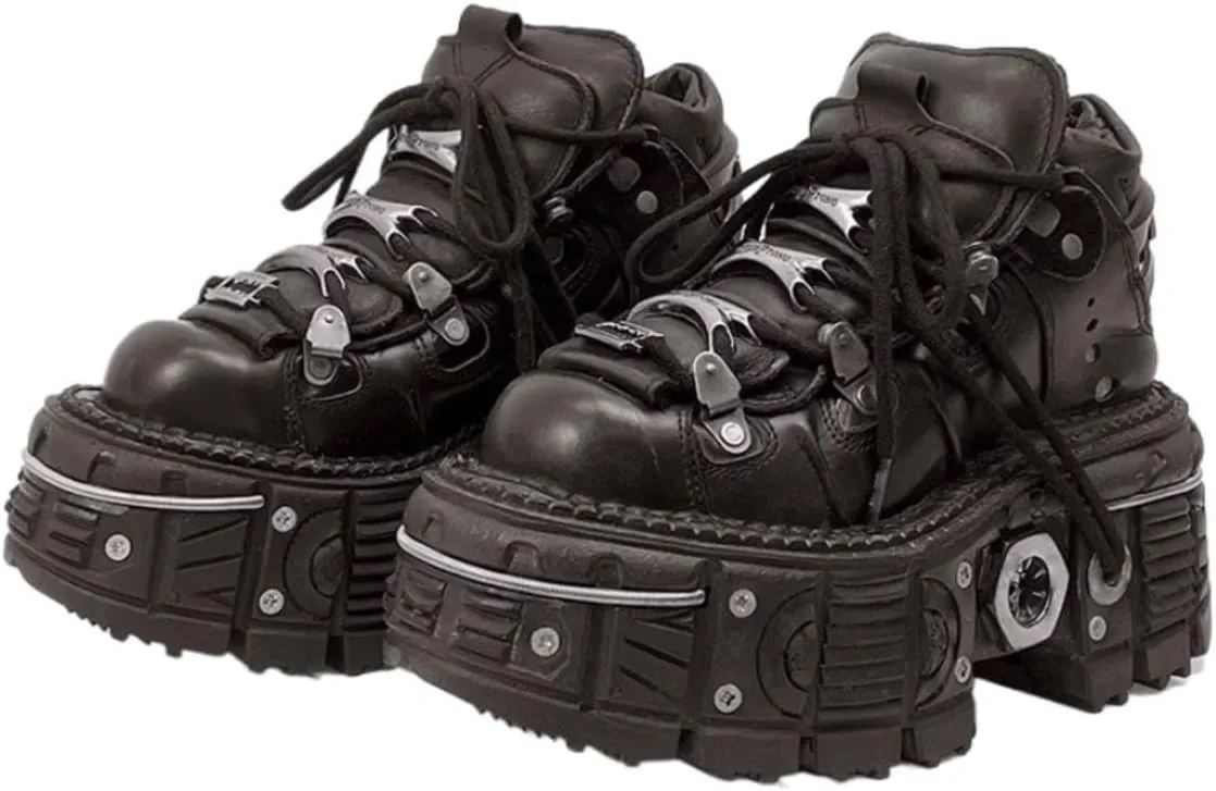 PU Leather Y2K Grunge Punk Platform Height Increase Derby Shoes for Men Casual Streetwear Mixed Color Thick Sole Sneakers with Skull Metal Accent Design