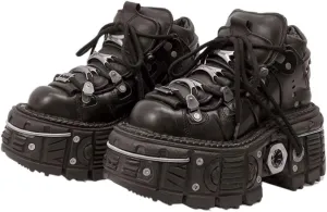 PU Leather Y2K Grunge Punk Platform Height Increase Derby Shoes for Men Casual Streetwear Mixed Color Thick Sole Sneakers with Skull Metal Accent Design