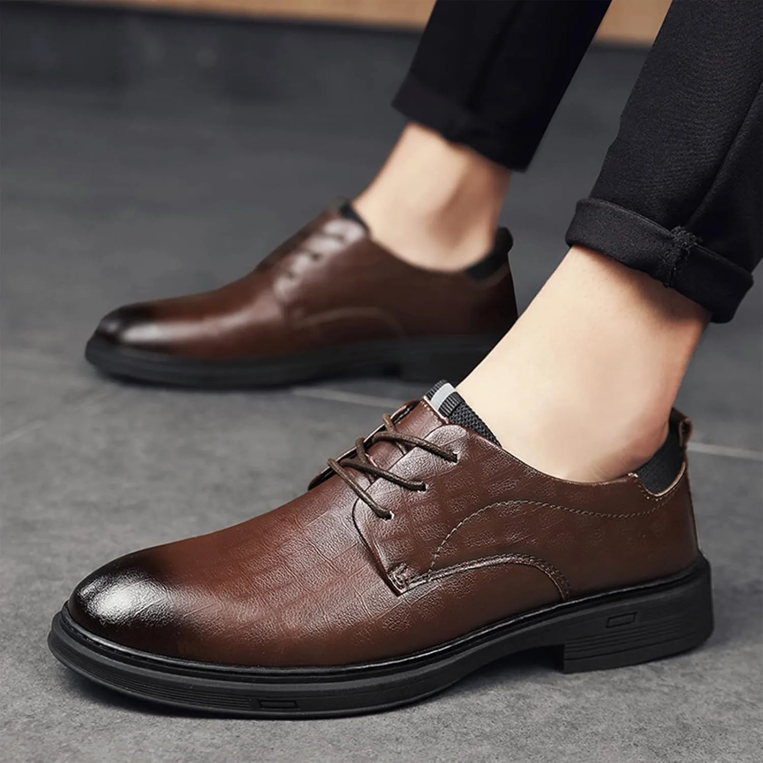 PURCHAWEE Men's Plaid Derby Shoes Dress Shoes,Leather Burnished Embossed Non Slip Lace Up Round Toe Block Heel Formal Business Shoes