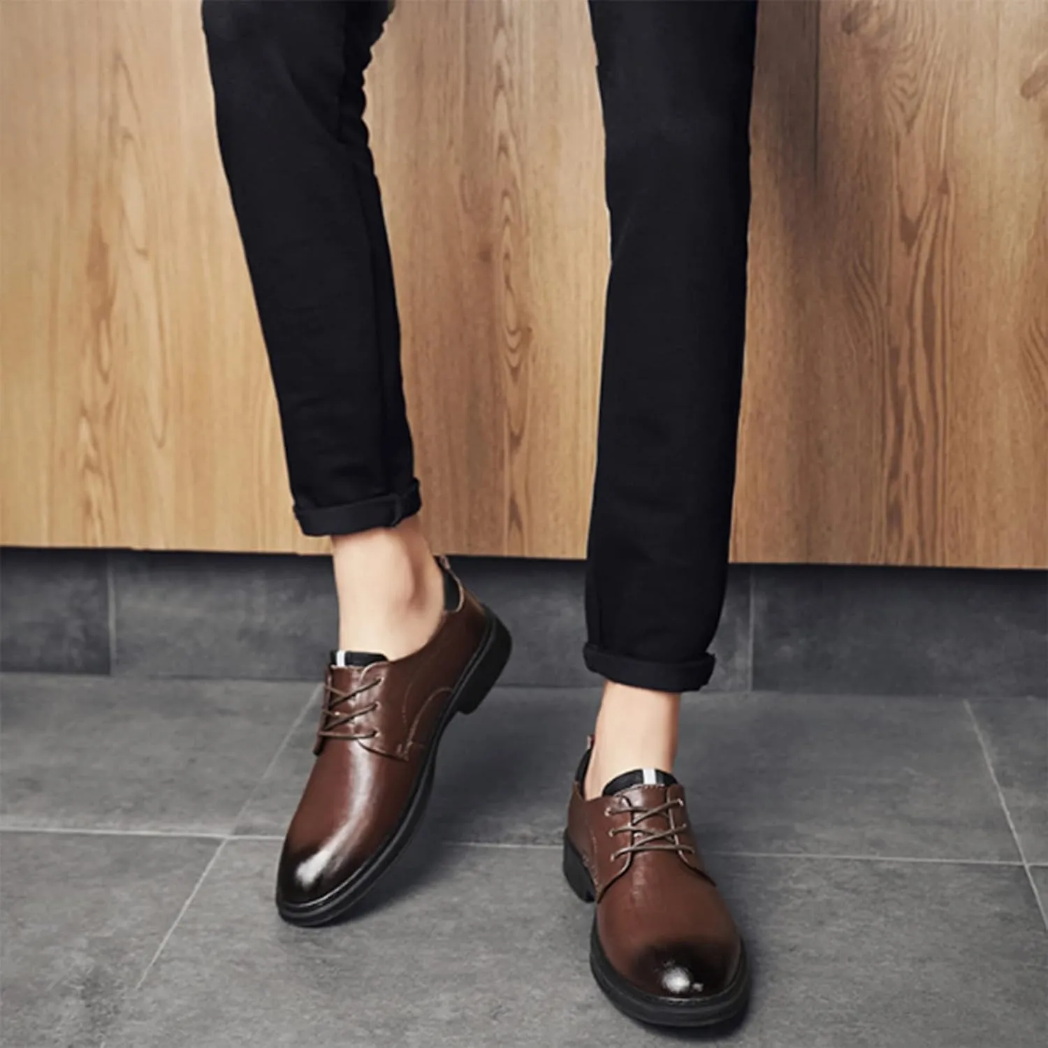 PURCHAWEE Men's Plaid Derby Shoes Dress Shoes,Leather Burnished Embossed Non Slip Lace Up Round Toe Block Heel Formal Business Shoes