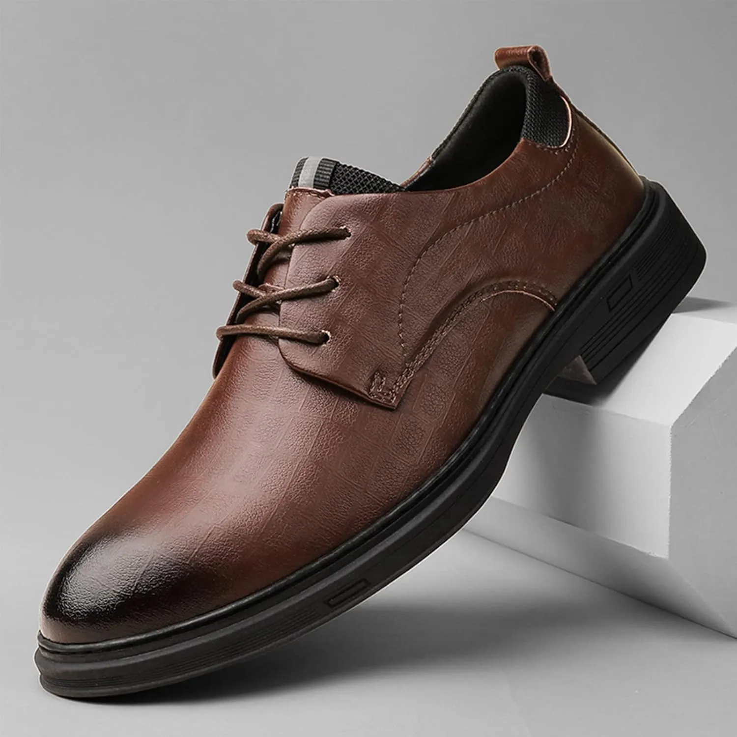 PURCHAWEE Men's Plaid Derby Shoes Dress Shoes,Leather Burnished Embossed Non Slip Lace Up Round Toe Block Heel Formal Business Shoes