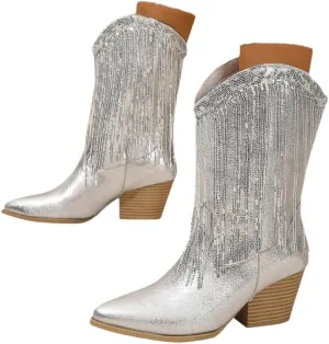 Rhinestone Cowboy Boots for Women - Womens Fringe Metallic Cowboy Boots Pointed Toe Chunky Stacked Mid Heel Tassel Mid Calf Boots Sparkly Cowgirl Boots Shiny Boots for Bride Wedding