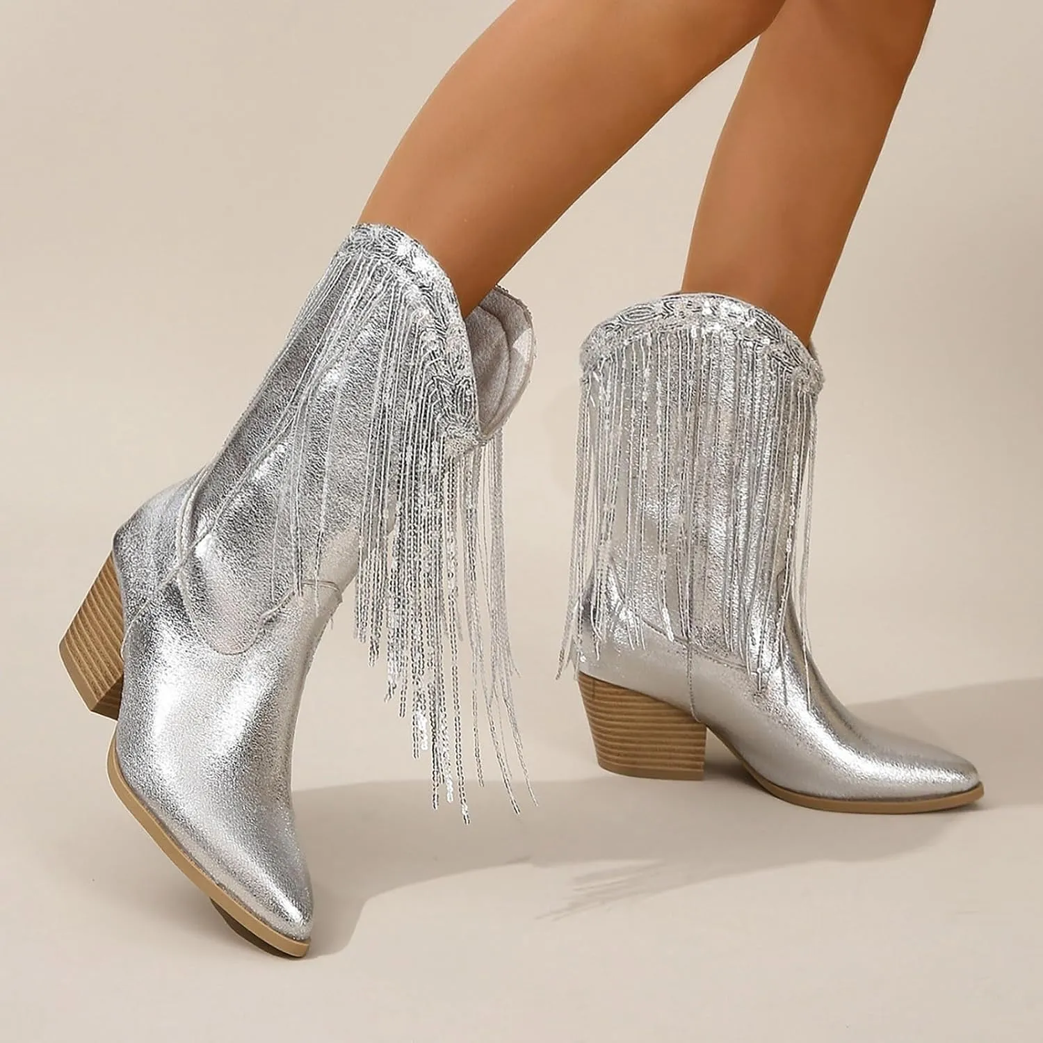 Rhinestone Cowboy Boots for Women - Womens Fringe Metallic Cowboy Boots Pointed Toe Chunky Stacked Mid Heel Tassel Mid Calf Boots Sparkly Cowgirl Boots Shiny Boots for Bride Wedding