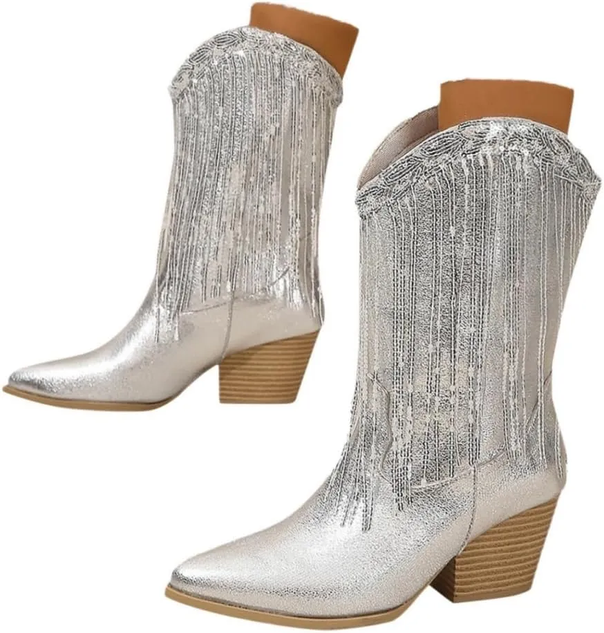 Rhinestone Cowboy Boots for Women - Womens Fringe Metallic Cowboy Boots Pointed Toe Chunky Stacked Mid Heel Tassel Mid Calf Boots Sparkly Cowgirl Boots Shiny Boots for Bride Wedding