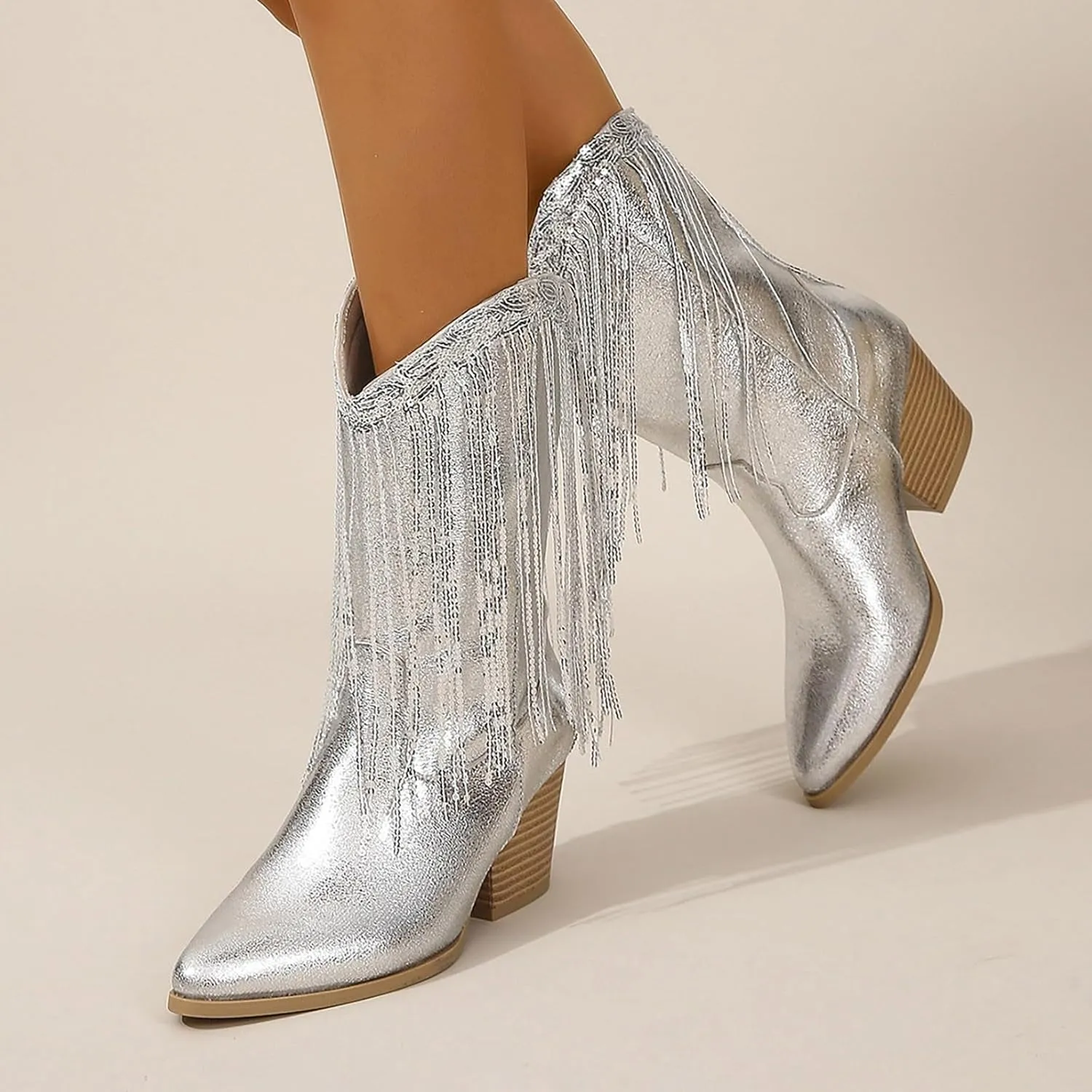 Rhinestone Cowboy Boots for Women - Womens Fringe Metallic Cowboy Boots Pointed Toe Chunky Stacked Mid Heel Tassel Mid Calf Boots Sparkly Cowgirl Boots Shiny Boots for Bride Wedding