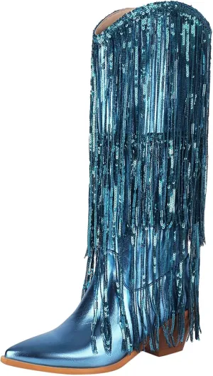 Rhinestone Knee High Boots for Women,Women's Fringe Western Cowboy Boots Metallic Cowgirl Mid-Calf Boots Pointed-Toe Chunky Block Heel Sparkle Fashion Party Boots for Ladies with Tassel