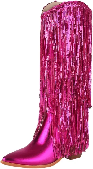 Rhinestone Knee High Boots for Women,Women's Fringe Western Cowboy Boots Metallic Cowgirl Mid-Calf Boots Pointed-Toe Chunky Block Heel Sparkle Fashion Party Boots for Ladies with Tassel