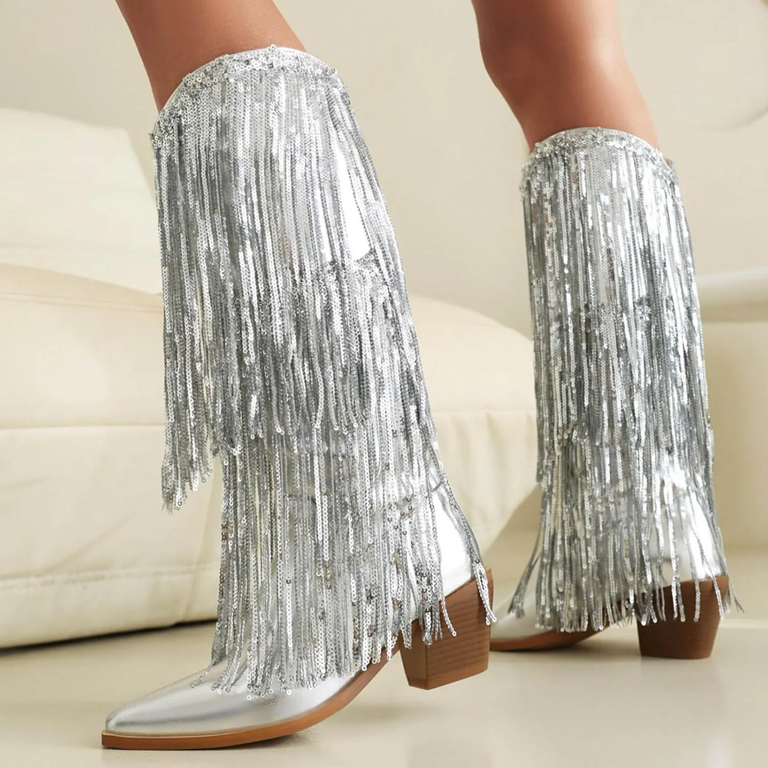 Rhinestone Knee High Boots for Women,Women's Fringe Western Cowboy Boots Metallic Cowgirl Mid-Calf Boots Pointed-Toe Chunky Block Heel Sparkle Fashion Party Boots for Ladies with Tassel