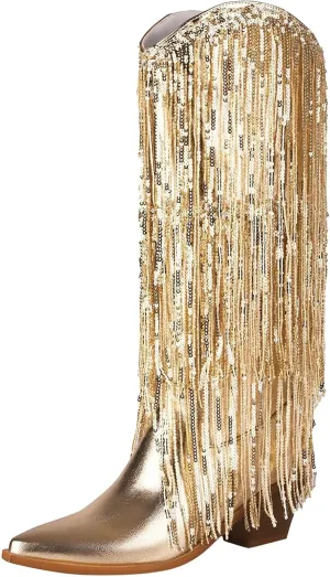 Rhinestone Knee High Boots for Women,Women's Fringe Western Cowboy Boots Metallic Cowgirl Mid-Calf Boots Pointed-Toe Chunky Block Heel Sparkle Fashion Party Boots for Ladies with Tassel