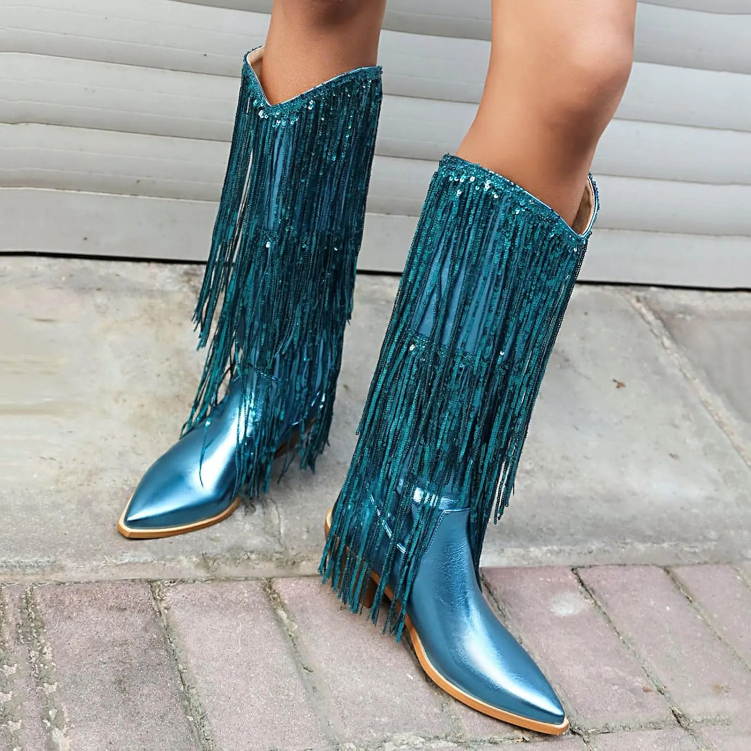 Rhinestone Knee High Boots for Women,Women's Fringe Western Cowboy Boots Metallic Cowgirl Mid-Calf Boots Pointed-Toe Chunky Block Heel Sparkle Fashion Party Boots for Ladies with Tassel