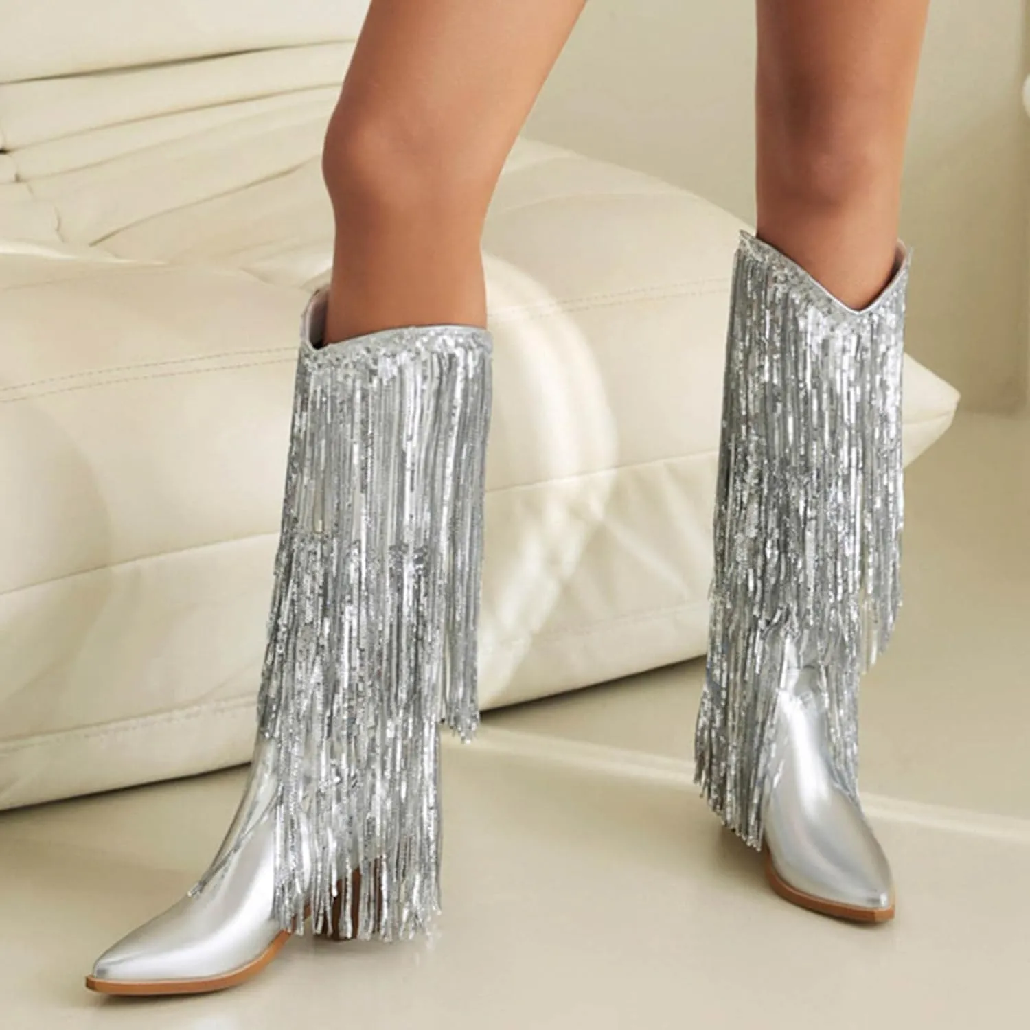 Rhinestone Knee High Boots for Women,Women's Fringe Western Cowboy Boots Metallic Cowgirl Mid-Calf Boots Pointed-Toe Chunky Block Heel Sparkle Fashion Party Boots for Ladies with Tassel