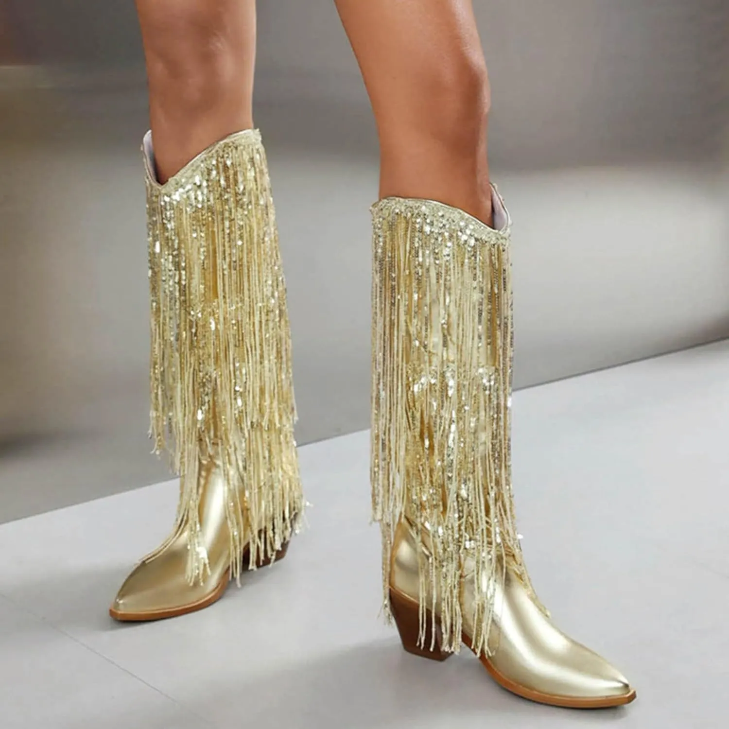 Rhinestone Knee High Boots for Women,Women's Fringe Western Cowboy Boots Metallic Cowgirl Mid-Calf Boots Pointed-Toe Chunky Block Heel Sparkle Fashion Party Boots for Ladies with Tassel