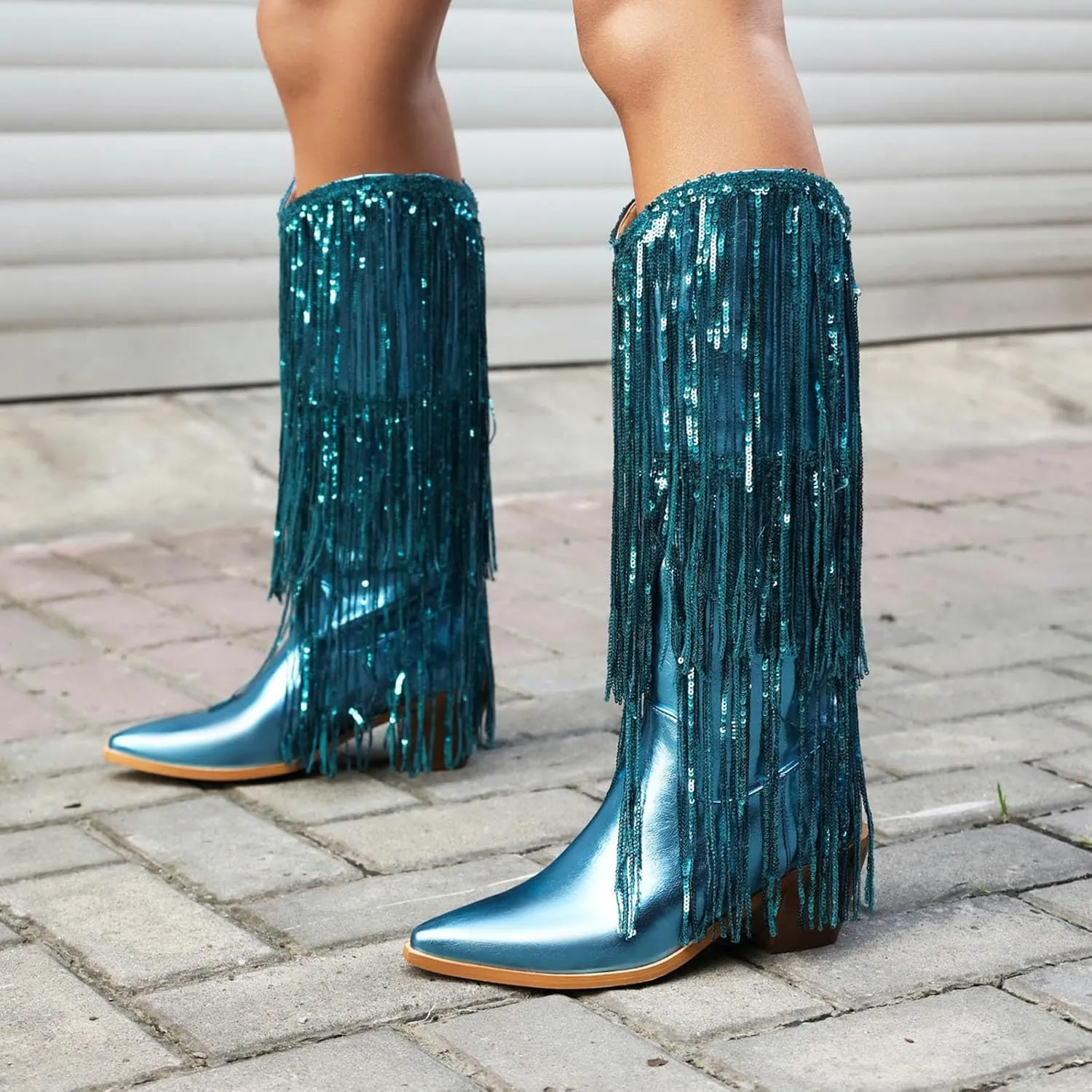 Rhinestone Knee High Boots for Women,Women's Fringe Western Cowboy Boots Metallic Cowgirl Mid-Calf Boots Pointed-Toe Chunky Block Heel Sparkle Fashion Party Boots for Ladies with Tassel