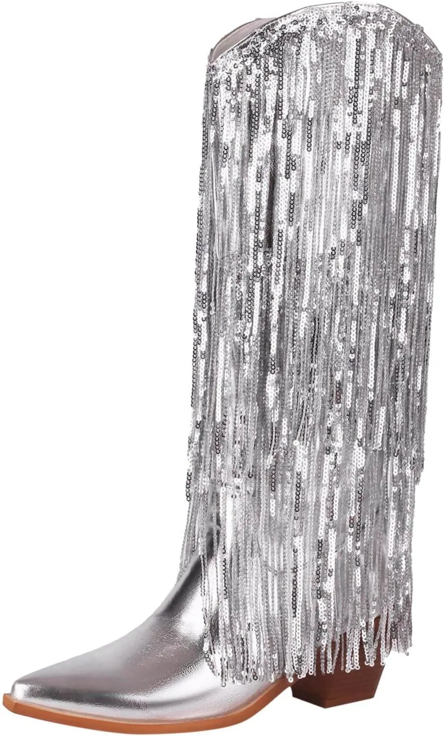 Rhinestone Knee High Boots for Women,Women's Fringe Western Cowboy Boots Metallic Cowgirl Mid-Calf Boots Pointed-Toe Chunky Block Heel Sparkle Fashion Party Boots for Ladies with Tassel
