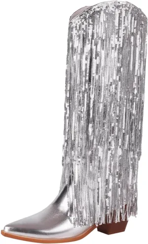 Rhinestone Knee High Boots for Women,Women's Fringe Western Cowboy Boots Metallic Cowgirl Mid-Calf Boots Pointed-Toe Chunky Block Heel Sparkle Fashion Party Boots for Ladies with Tassel