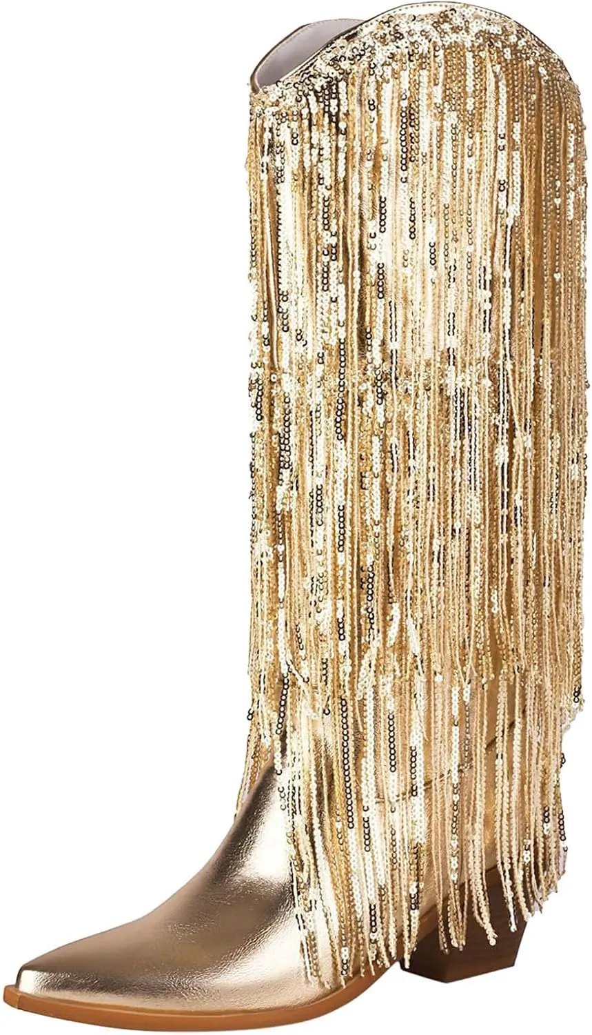 Rhinestone Knee High Boots for Women,Women's Fringe Western Cowboy Boots Metallic Cowgirl Mid-Calf Boots Pointed-Toe Chunky Block Heel Sparkle Fashion Party Boots for Ladies with Tassel