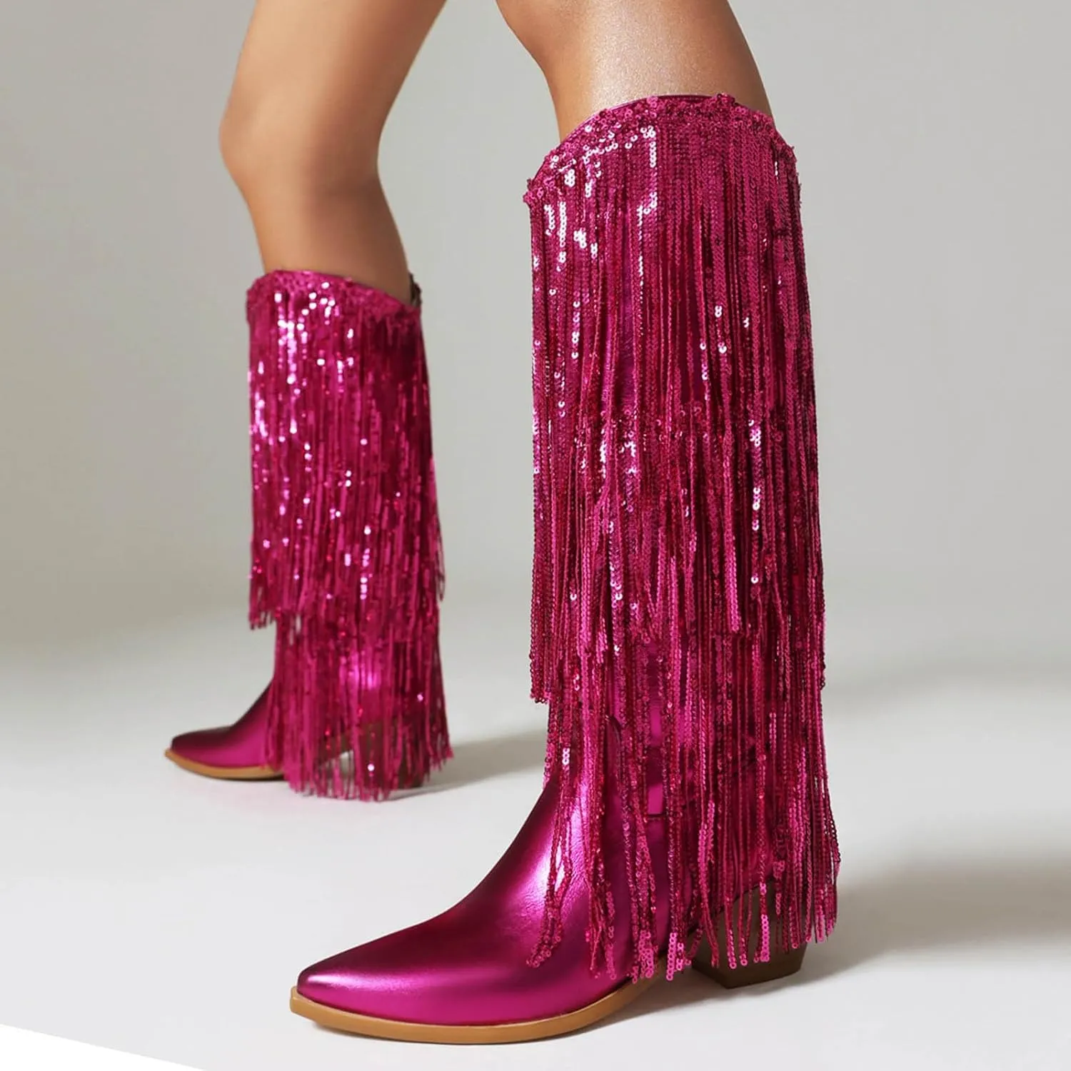 Rhinestone Knee High Boots for Women,Women's Fringe Western Cowboy Boots Metallic Cowgirl Mid-Calf Boots Pointed-Toe Chunky Block Heel Sparkle Fashion Party Boots for Ladies with Tassel
