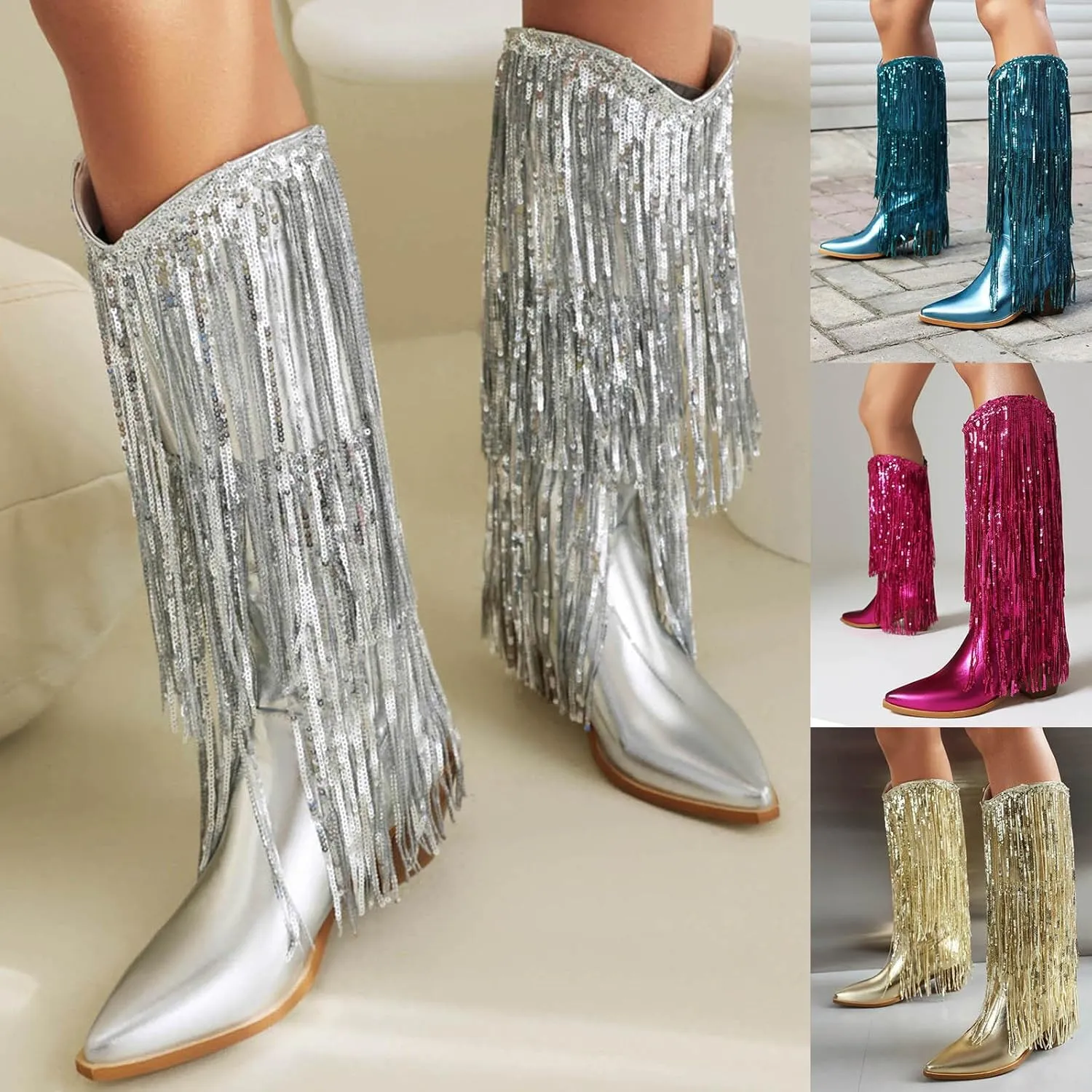 Rhinestone Knee High Boots for Women,Women's Fringe Western Cowboy Boots Metallic Cowgirl Mid-Calf Boots Pointed-Toe Chunky Block Heel Sparkle Fashion Party Boots for Ladies with Tassel