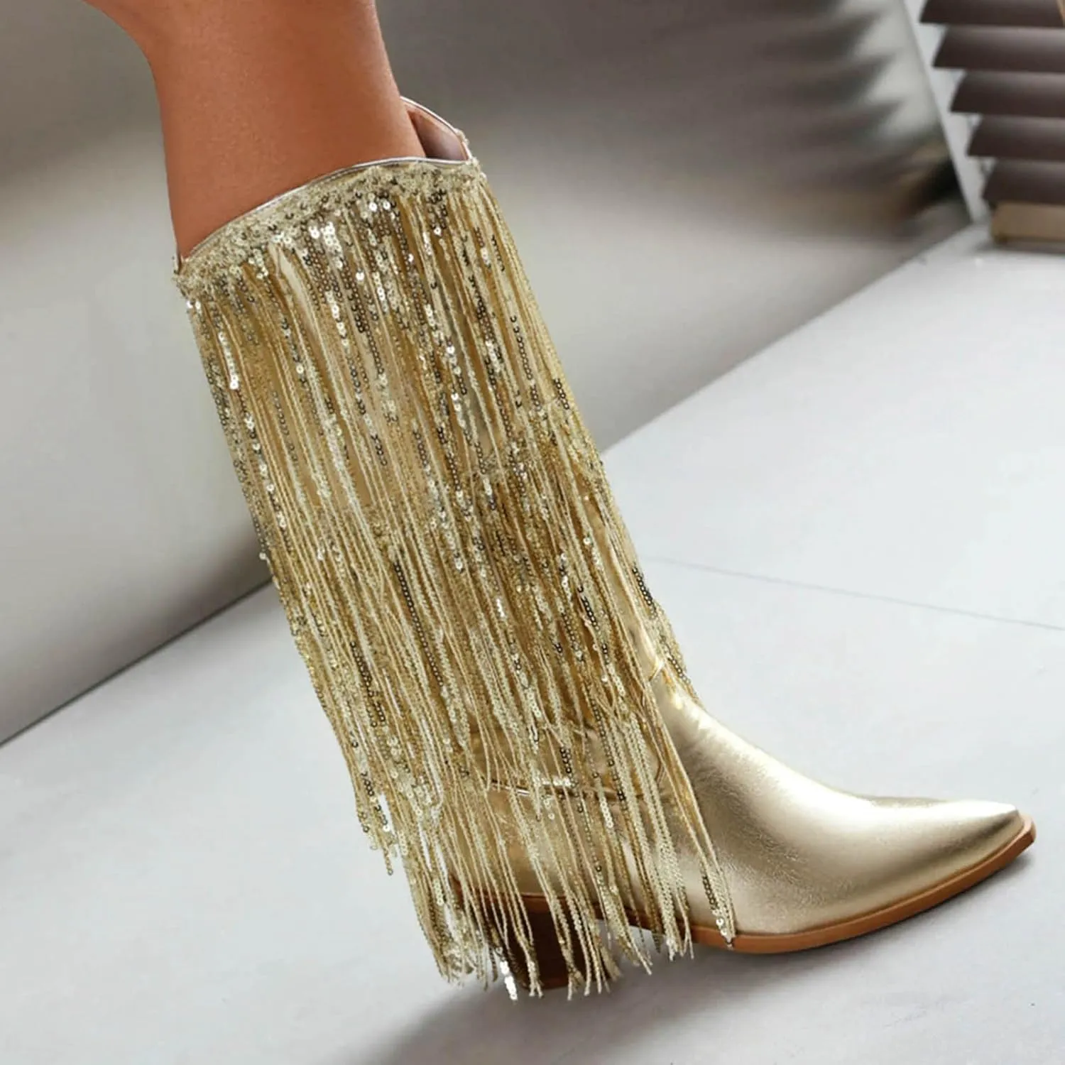 Rhinestone Knee High Boots for Women,Women's Fringe Western Cowboy Boots Metallic Cowgirl Mid-Calf Boots Pointed-Toe Chunky Block Heel Sparkle Fashion Party Boots for Ladies with Tassel