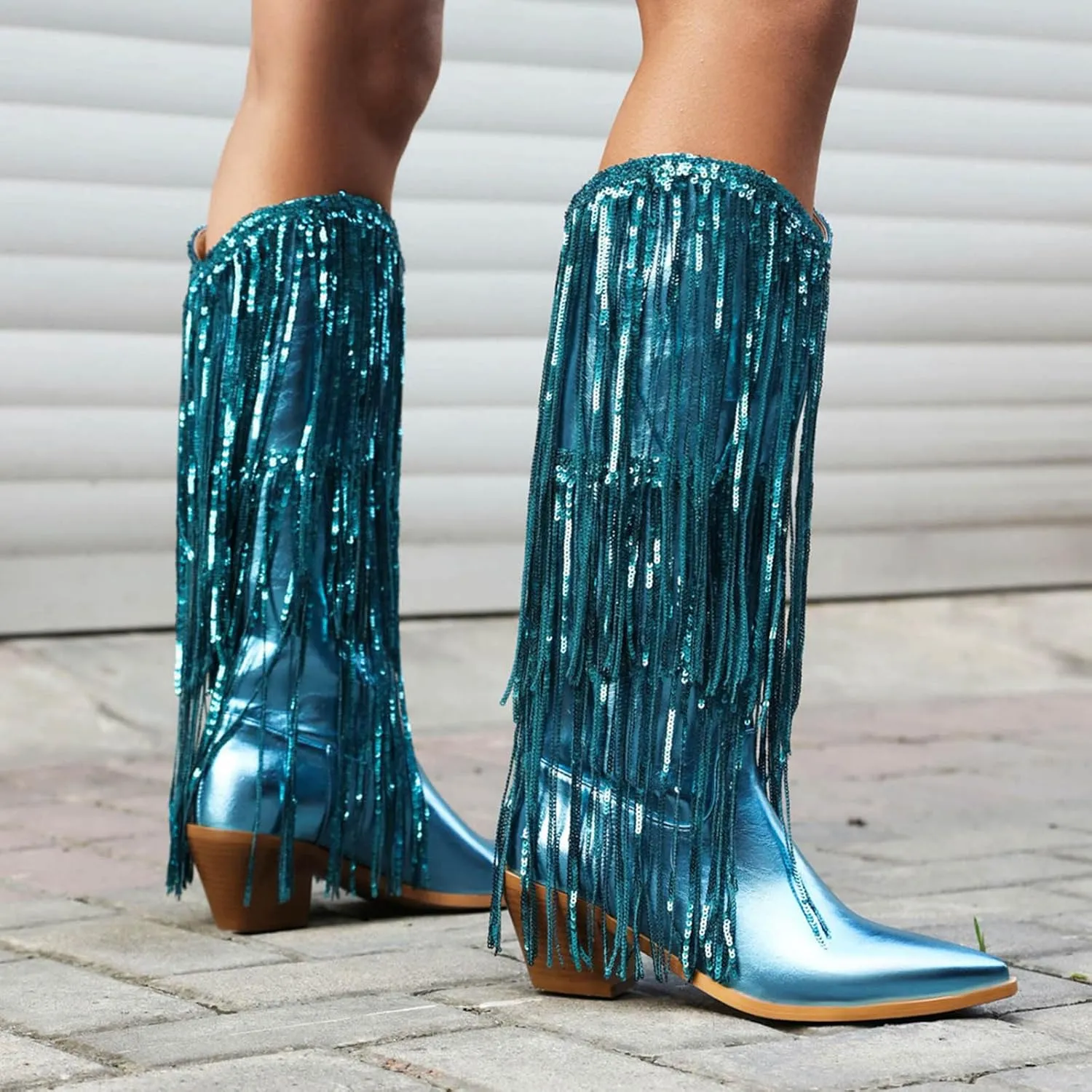 Rhinestone Knee High Boots for Women,Women's Fringe Western Cowboy Boots Metallic Cowgirl Mid-Calf Boots Pointed-Toe Chunky Block Heel Sparkle Fashion Party Boots for Ladies with Tassel