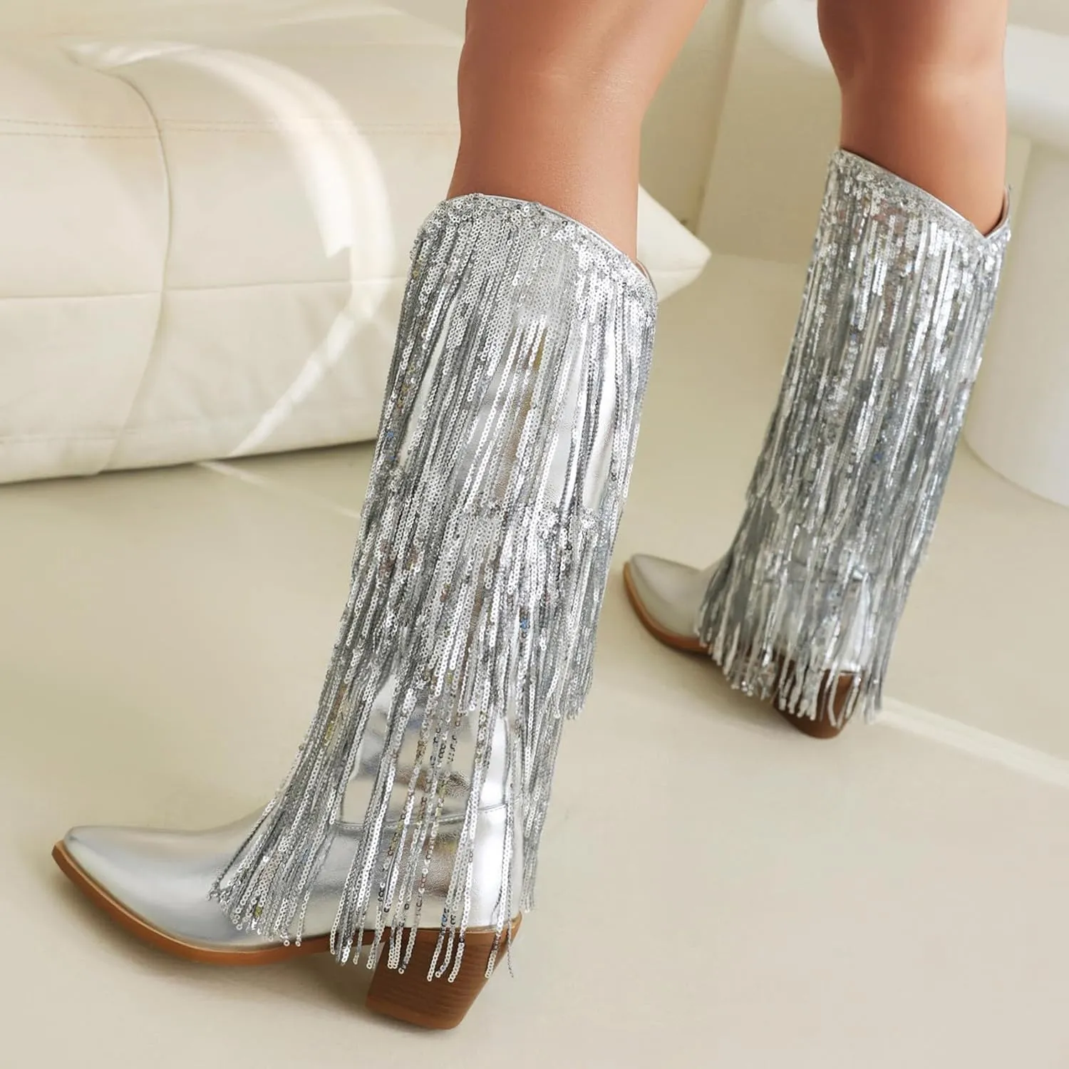 Rhinestone Knee High Boots for Women,Women's Fringe Western Cowboy Boots Metallic Cowgirl Mid-Calf Boots Pointed-Toe Chunky Block Heel Sparkle Fashion Party Boots for Ladies with Tassel